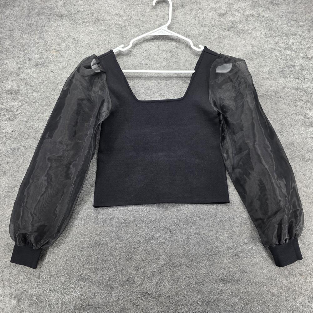 House Of Harlow 1960 Shirt Womens Small Black Sheer Puff Sleeve Square Neck
